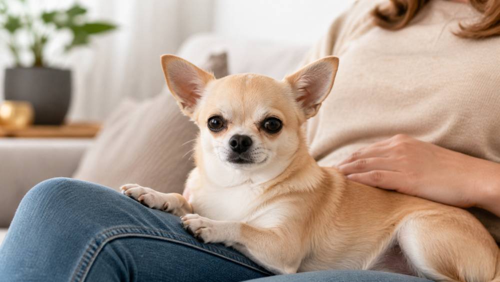 kleiner Hund sitzt entspannt auf dem Schoß einer Person im Wohnzimmer