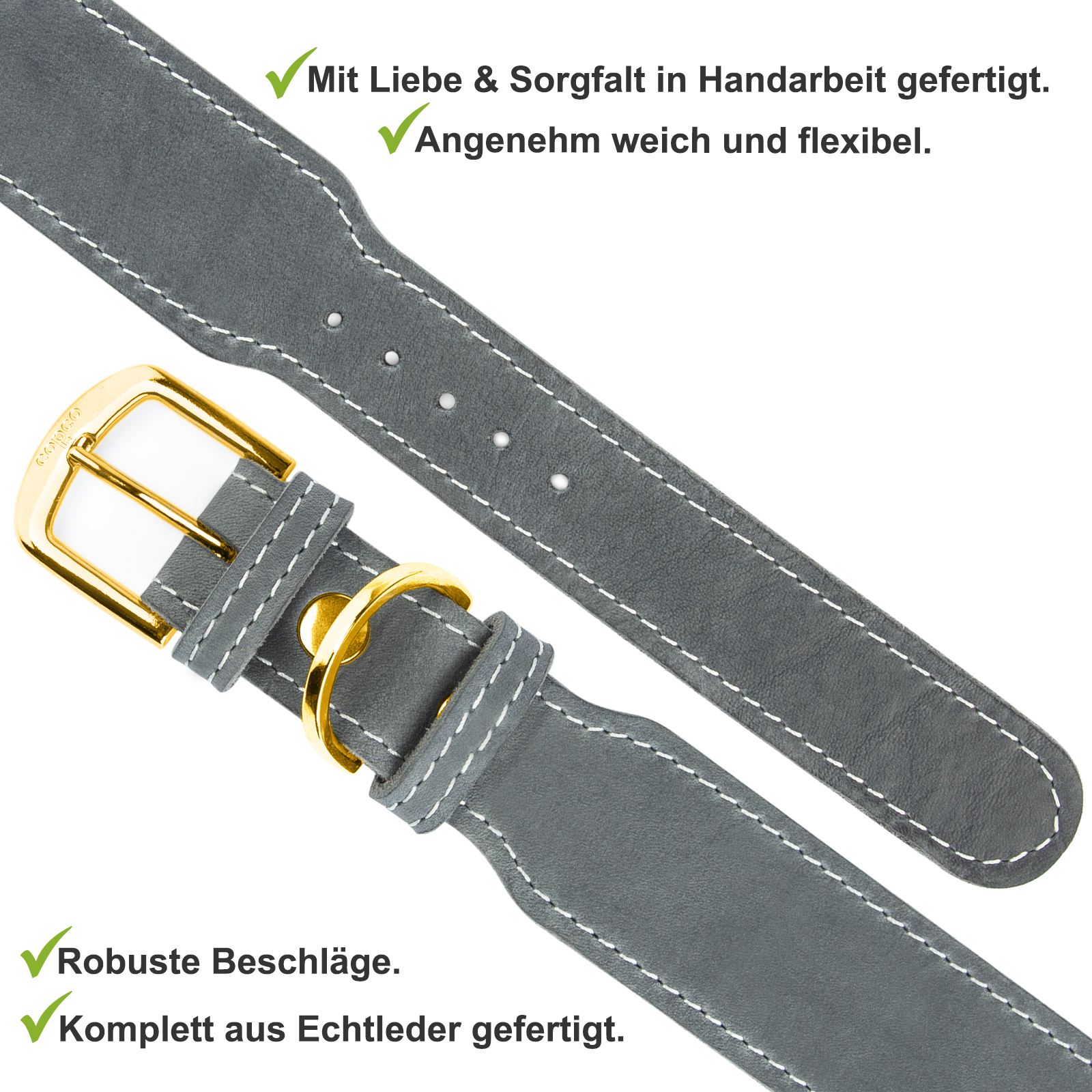 Fettleder Halsband Zoe Messing Grau 50 - 55 cm 40 mm