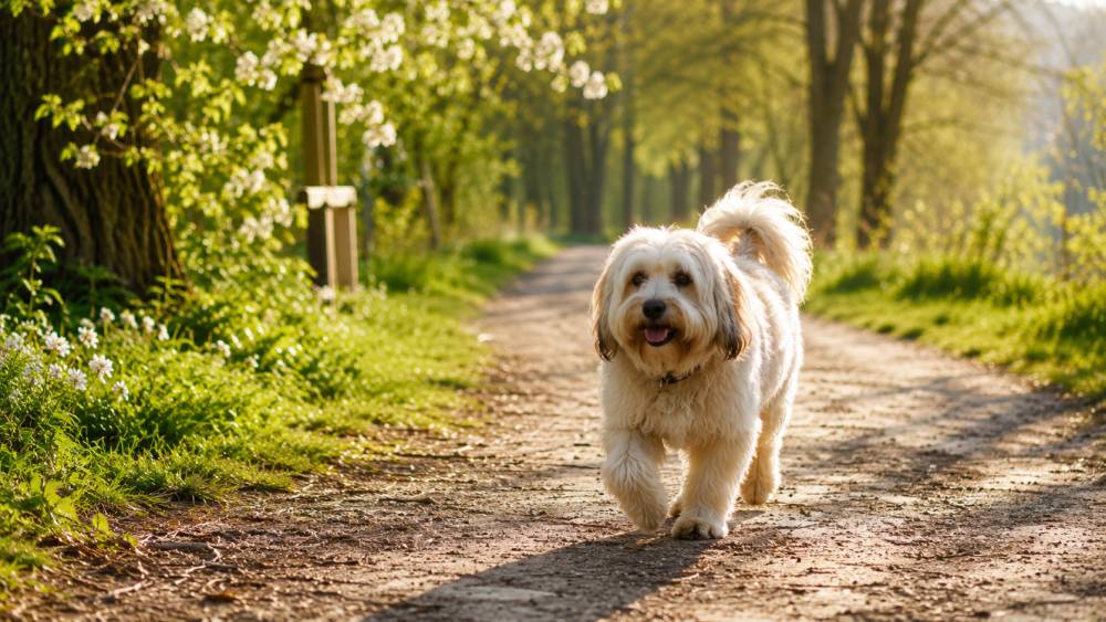 Hund läuft am frühen Frühlingsmorgen über einen ruhigen Parkweg