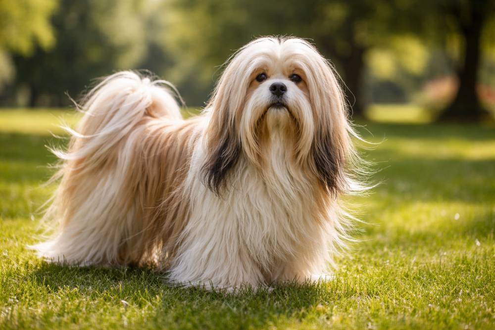 Langhaariger Lhasa Apso steht aufmerksam auf einer Wiese und blickt direkt in die Kamera