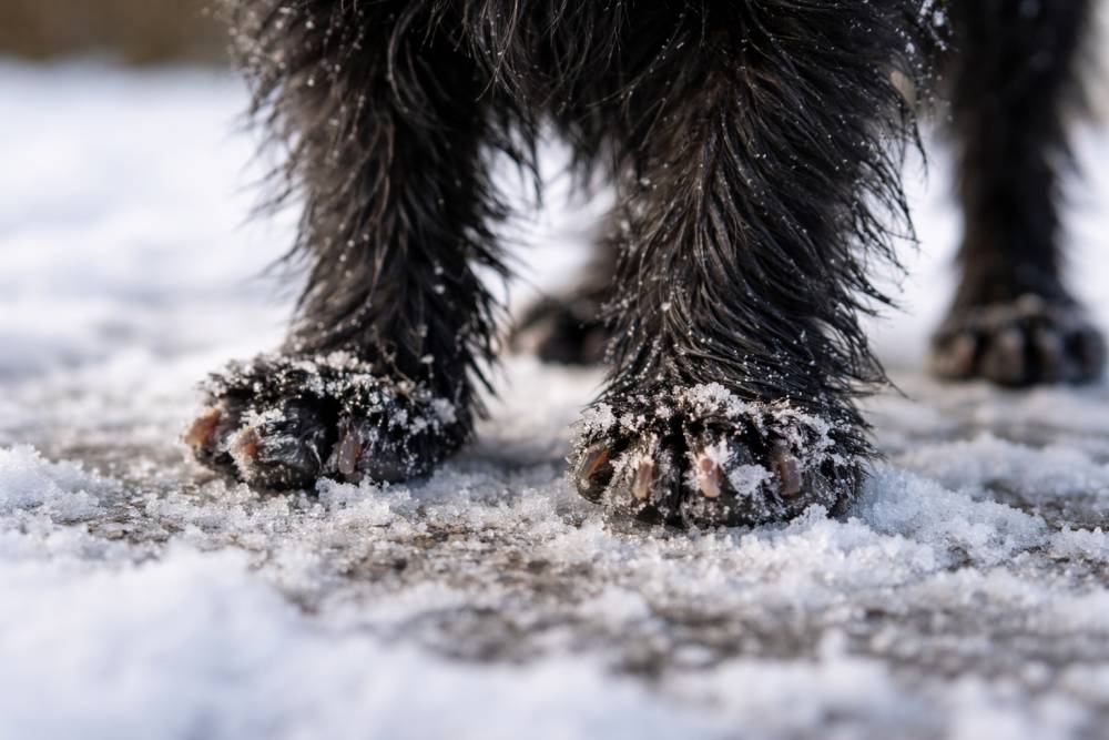 Ein Affenpinscher mit Fokus auf die Pfoten auf winterlichem Untergrund.