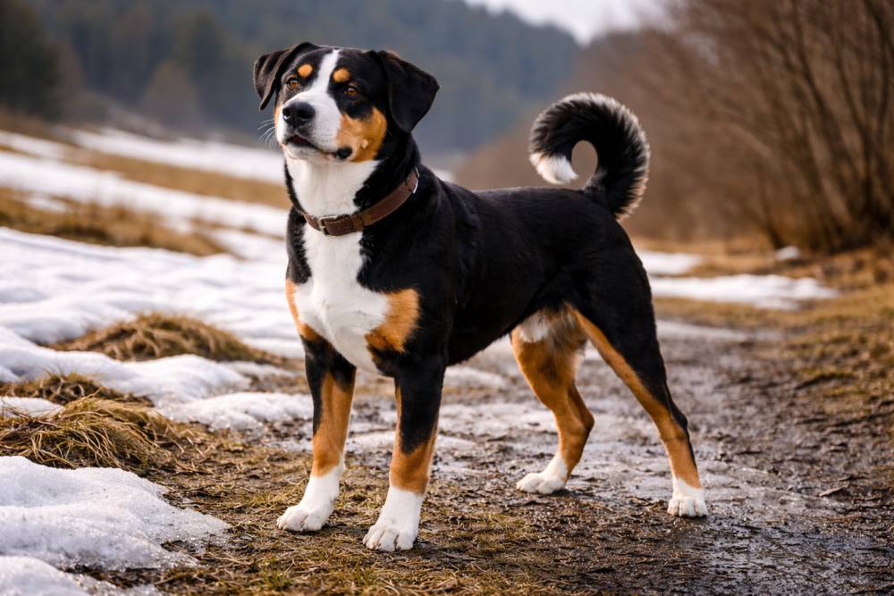 Ein Appenzeller Sennenhund, der aufmerksam in einer Landschaft mit Restschnee und beginnendem Tauwetter steht.