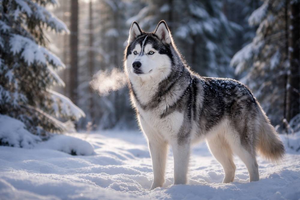 Hund mit dichtem Fell steht im verschneiten Wald