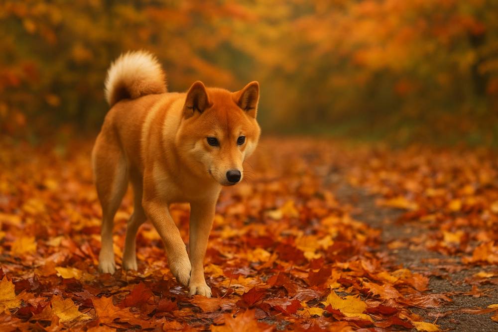 Hund läuft durch buntes Herbstlaub, im Hintergrund herbstlicher Wald.