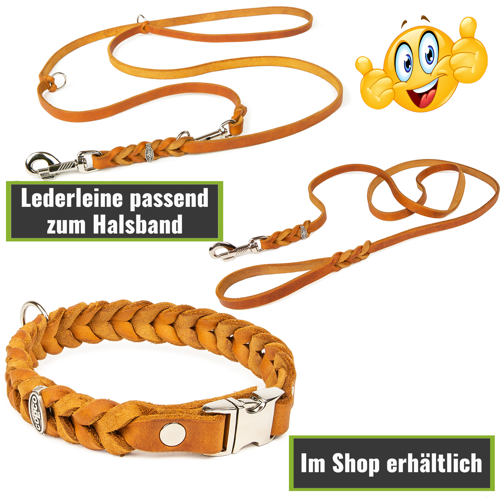 Fettleder Halsband geflochten mit silbernen Metall-Klick-Verschluß Cognac 20 cm 15 mm