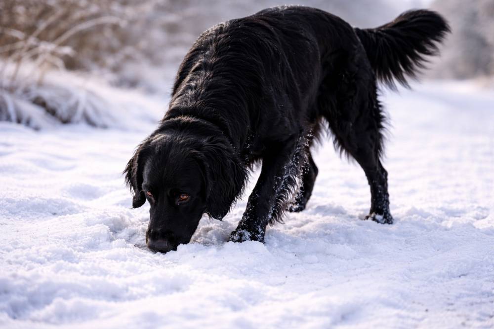 Hund schnüffelt konzentriert im Schnee, winterliche Umgebung.