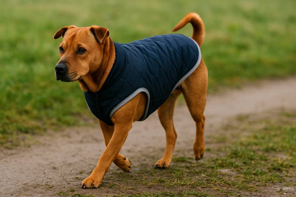 Hund mit Hundemantel im Freien