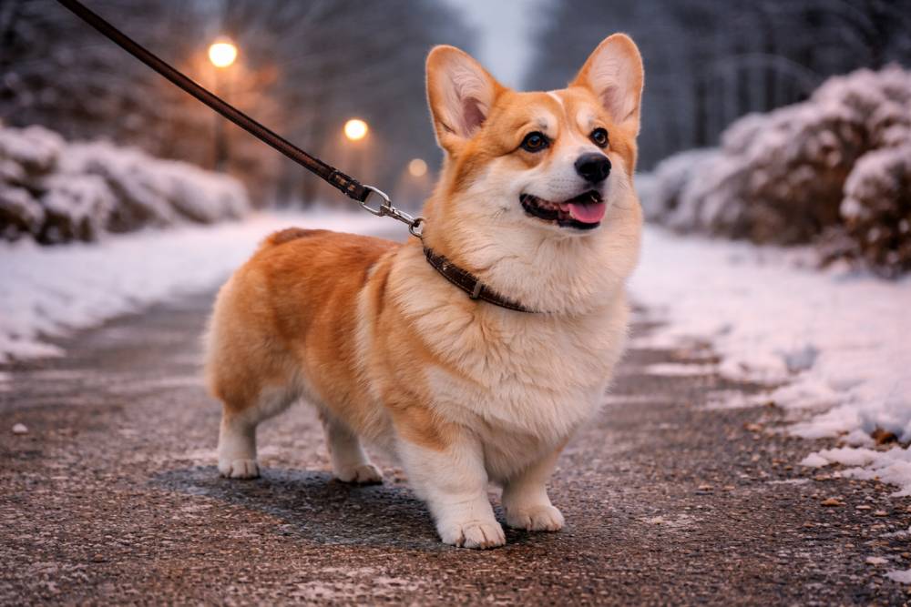 Hund geht ruhig an der Leine in der Dämmerung, winterliche Atmosphäre.
