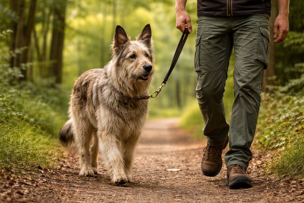 Ein Hund läuft aufmerksam an der Leine auf einem neuen Waldweg neben seinem Halter