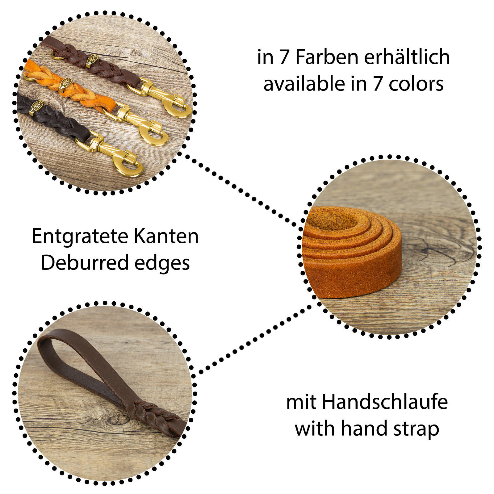 Fettlederleine mit Handschlaufe Messing Rot + Ring 1,35 m x 15 mm
