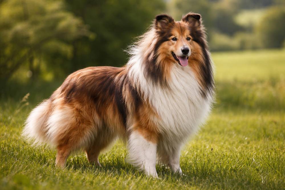 Langhaariger Collie steht aufmerksam auf einer grünen Wiese mit wehendem Fell