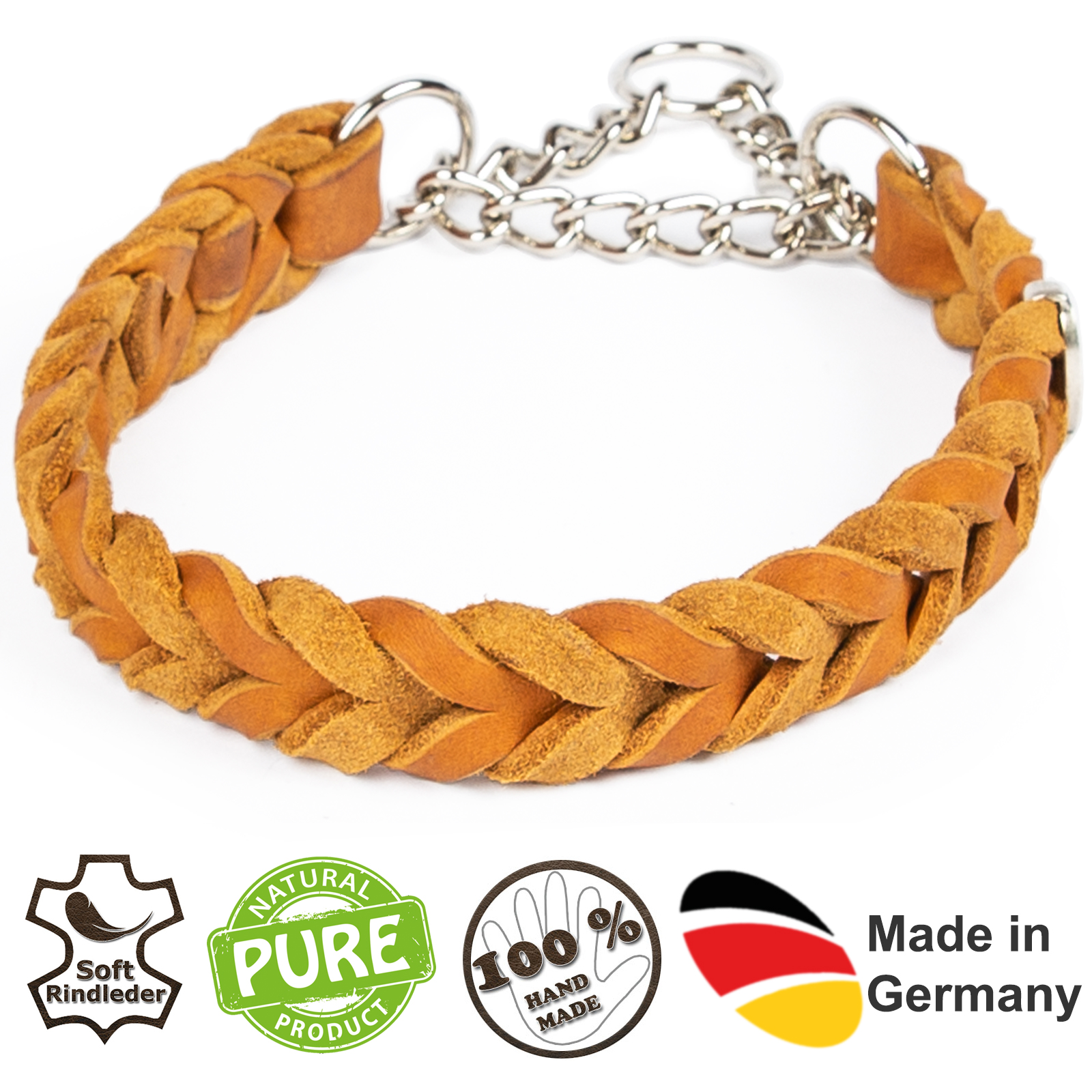 Fettlederhalsband geflochten mit verchromte Zugstopp Kette Cognac 60 - 65 cm 25 mm