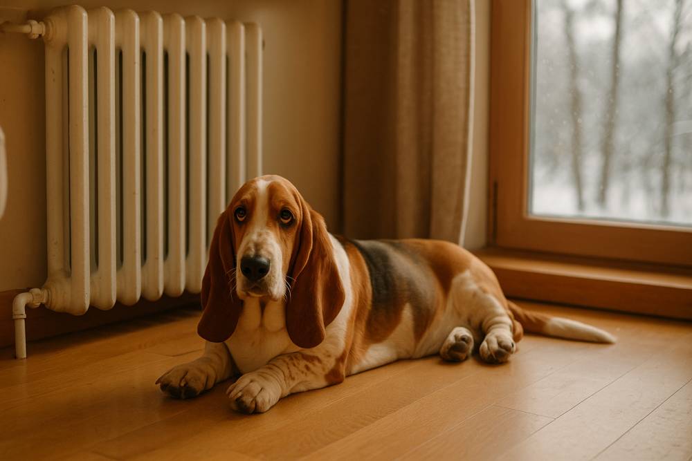 Ein Basset Hound liegt im Haus vor einer Heizung und Fenster