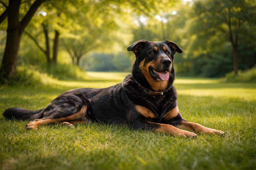 Hund liegt entspannt auf einer Wiese nach einem Spaziergang im Park