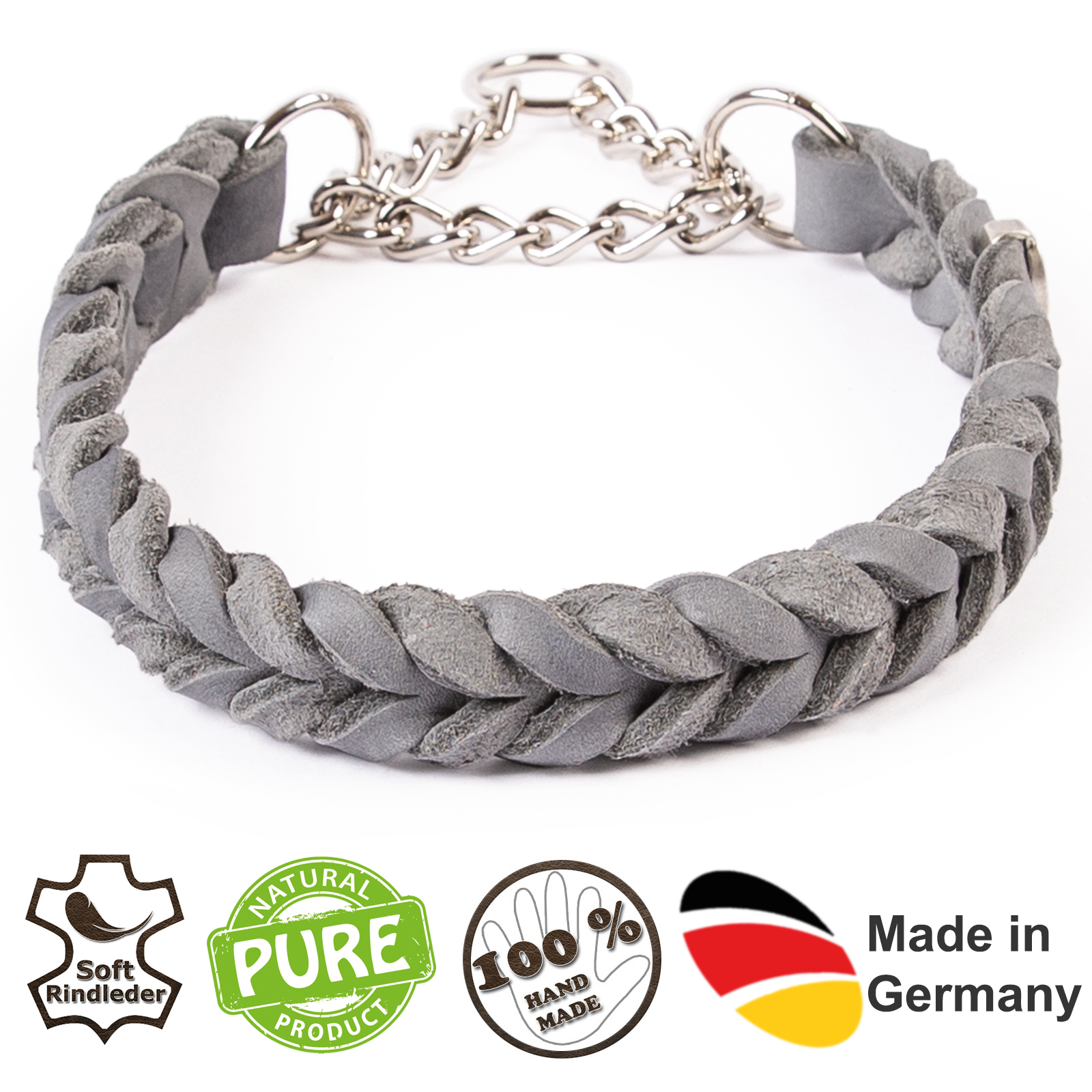 Fettleder Halsband geflochten mit verchromter Zugstopp Kette Grau 60 - 65 cm 25 mm