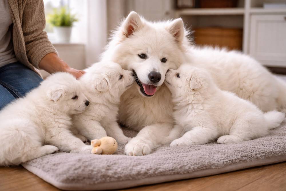 Hund mit Welpen in ruhiger Umgebung