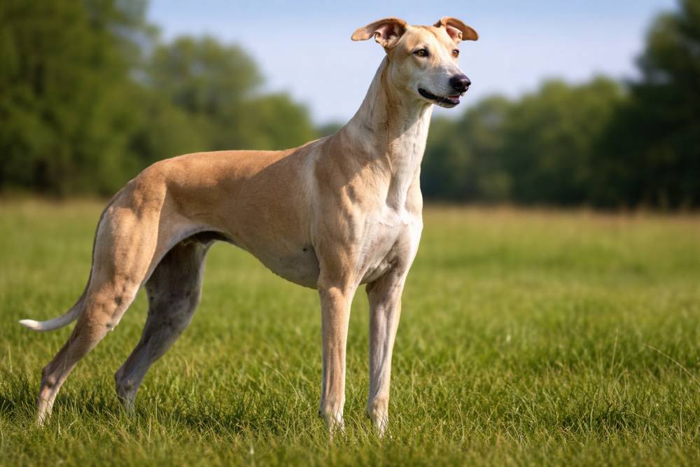 Magyar Agar beim aufmerksamen Stehen auf einer Wiese