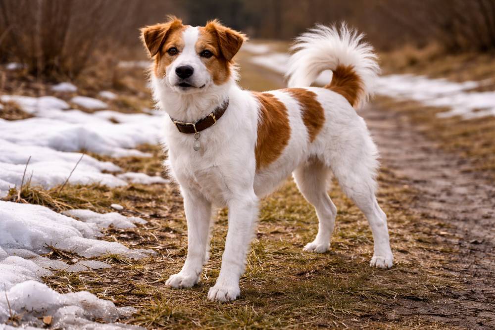 Hund steht aufmerksam in einer Landschaft mit Restschnee und ersten Frühlingsanzeichen.