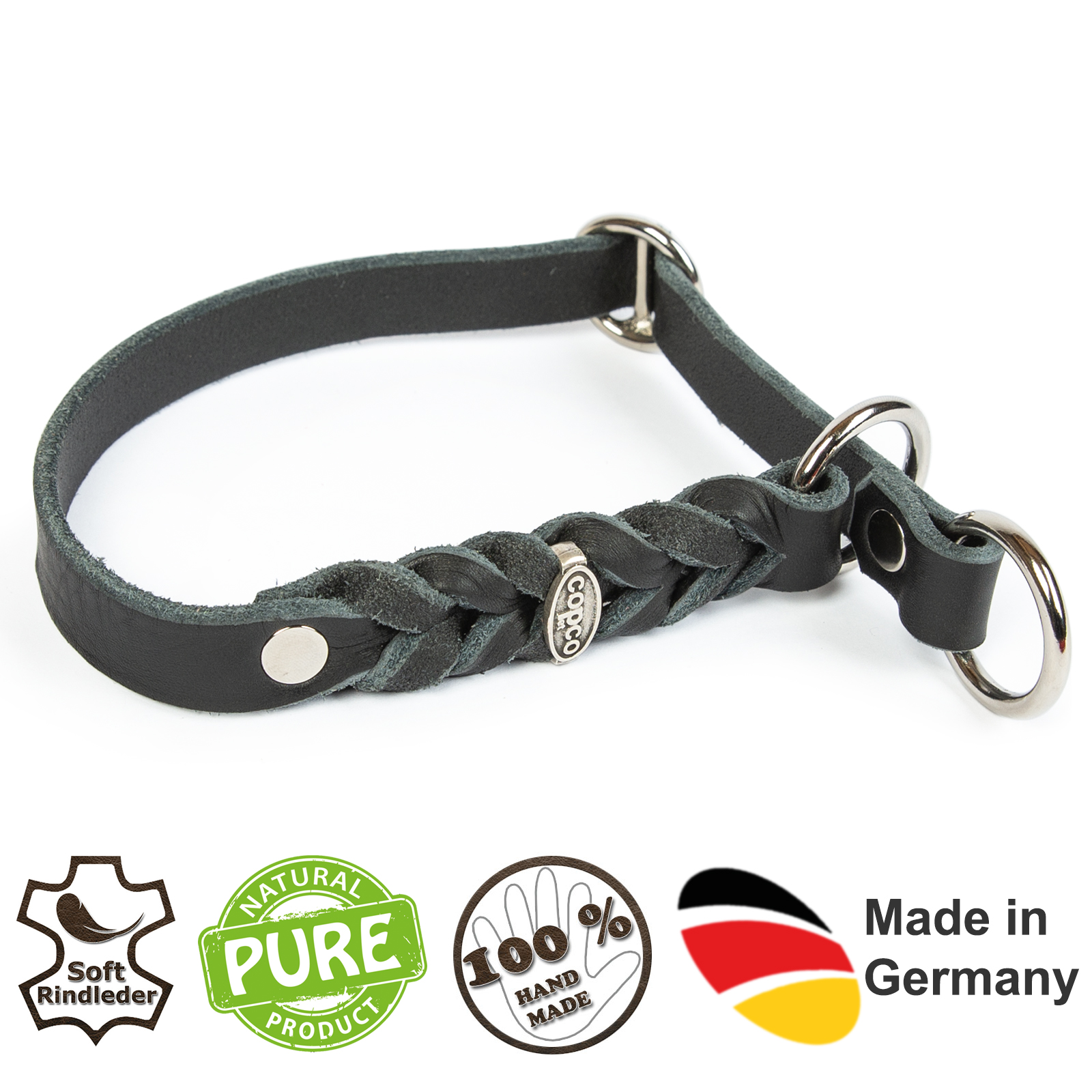Fettleder Würger-Halsband Cleo geflochten verchromt Schwarz 60 - 65 cm 20 mm