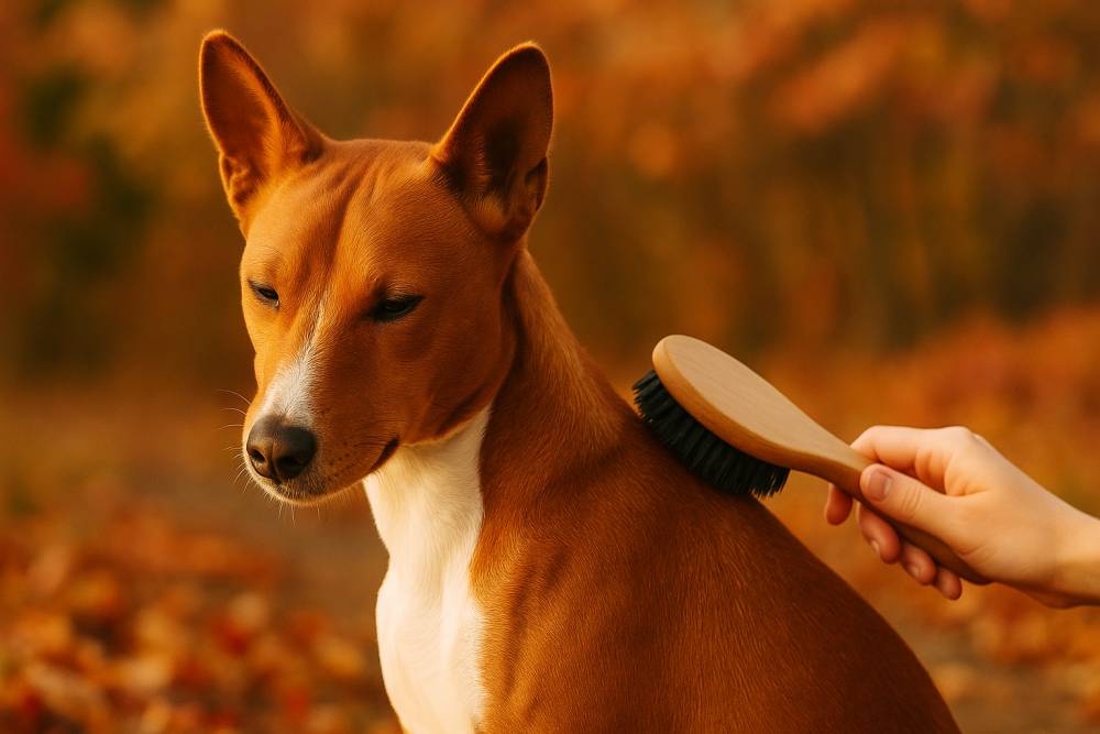 Hund wird sanft gebürstet, im Hintergrund herbstliche Farben und Sonnenlicht.