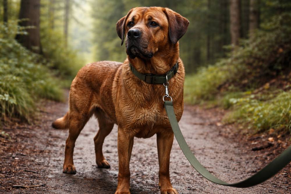 Tosa an einer Leine auf einem Waldweg nach einem feuchten Spaziergang
