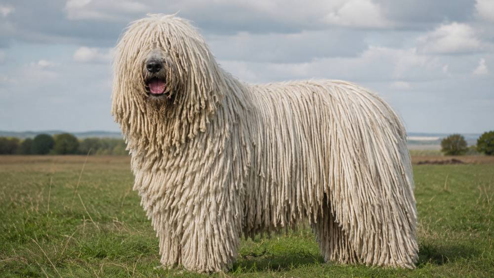 Großer weißer Hund mit langen Fellzotten auf einer grünen Wiese