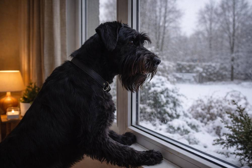 Ein Riesenschnauzer ist in einem Haus und schaut aus dem Fenster nach draußen