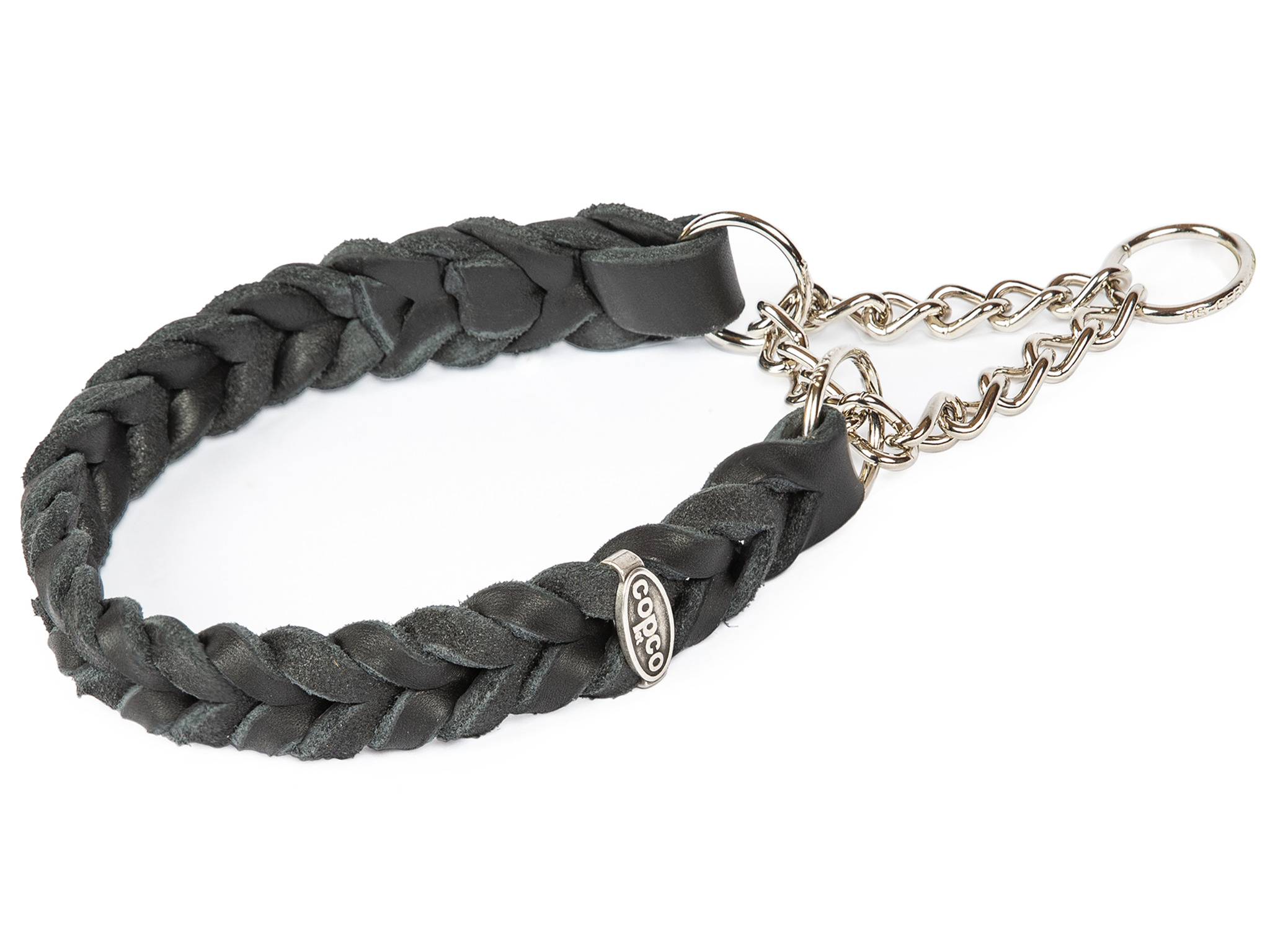 Fettlederhalsband geflochten mit verchromte Zugstopp Kette Schwarz 45 - 50 cm 20 mm