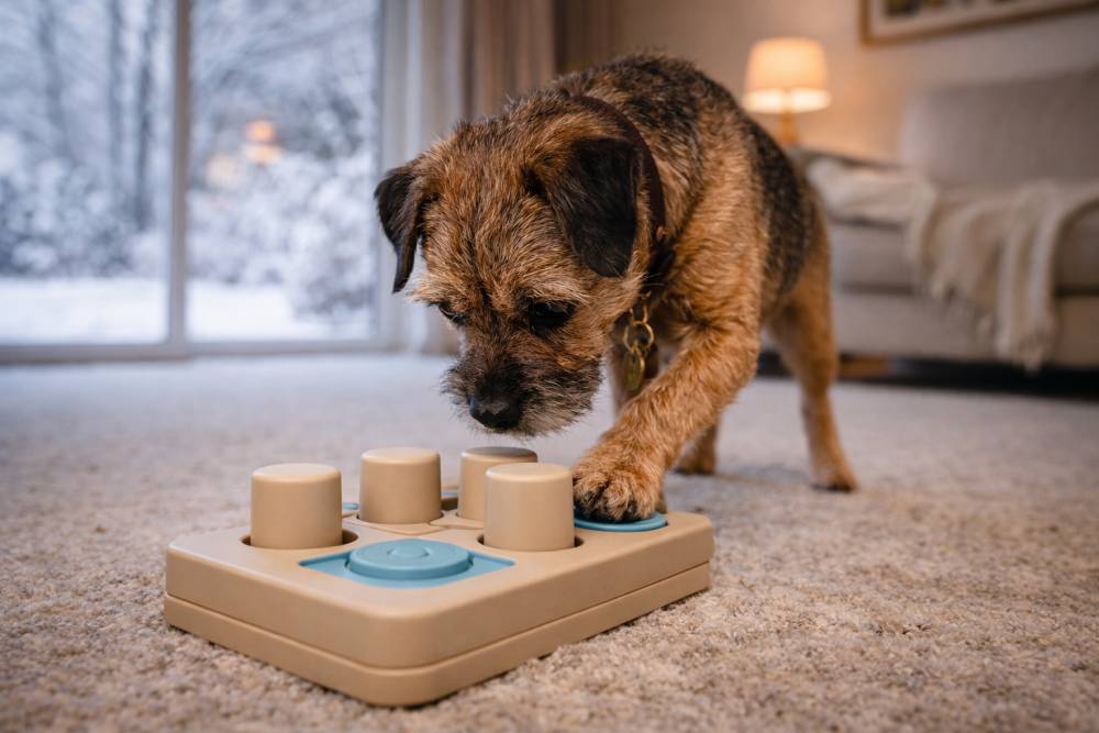 Ein Border Terrier, der konzentriert mit einem einfachen Denk- oder Suchspiel im Wohnzimmer beschäftigt ist.