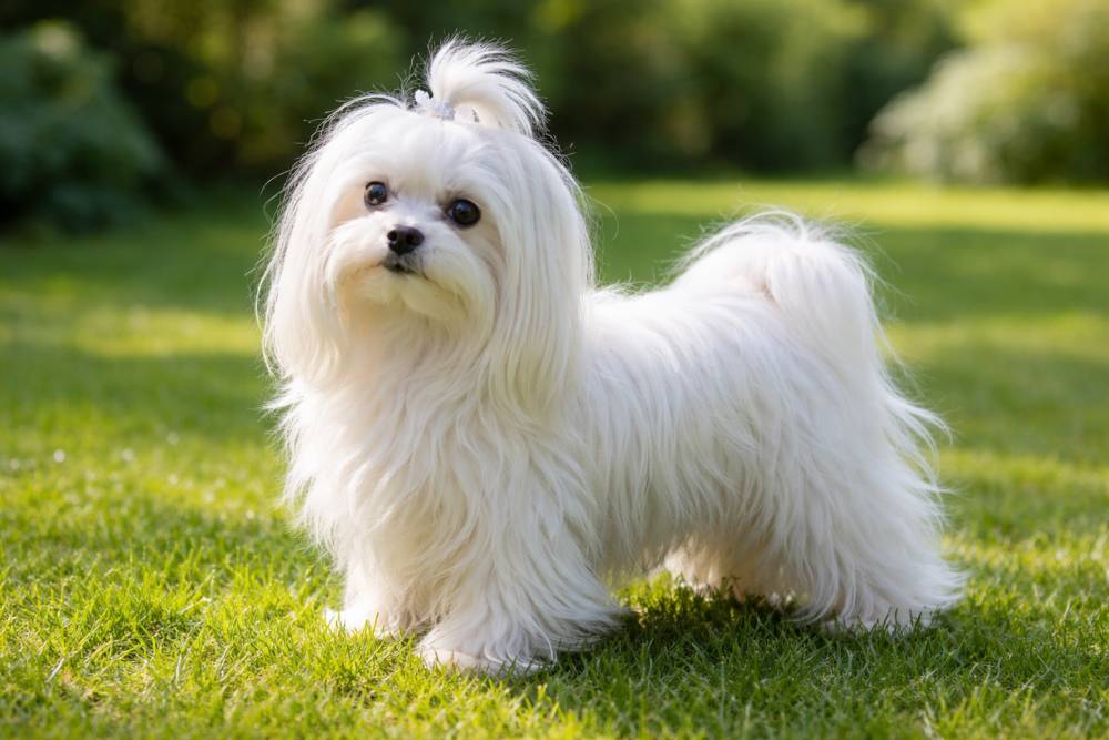 Kleiner weißer Hund mit langem seidigem Fell steht auf einer Wiese