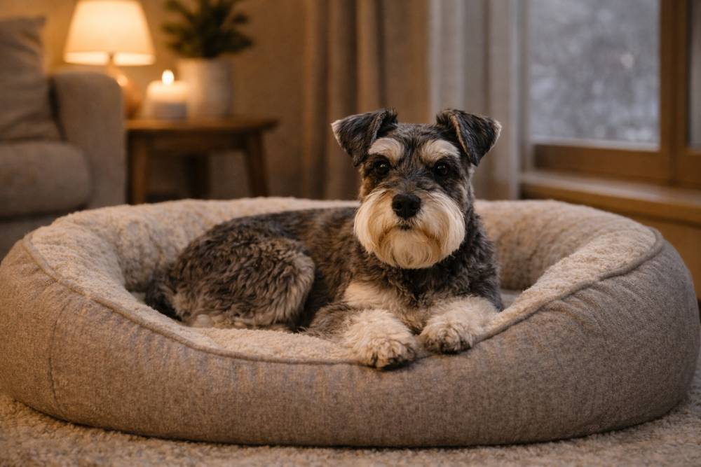 Hund liegt entspannt auf seinem festen Ruheplatz im Wohnzimmer, winterliche Stimmung.