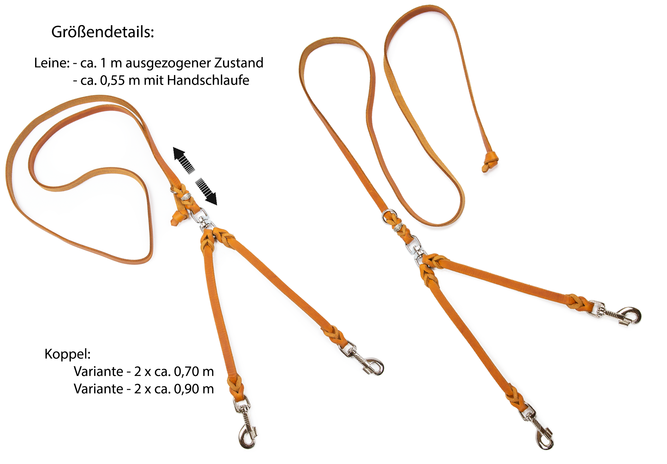 Lederleine Zwillingsleine Koppel Leine Schwarz Verchromt 55 cm + 2 x 90 cm x 15 mm
