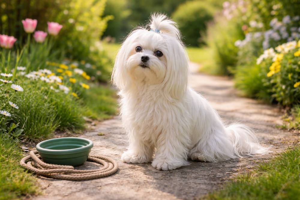 Hund wartet aufmerksam auf einem Gartenweg nach dem Spaziergang