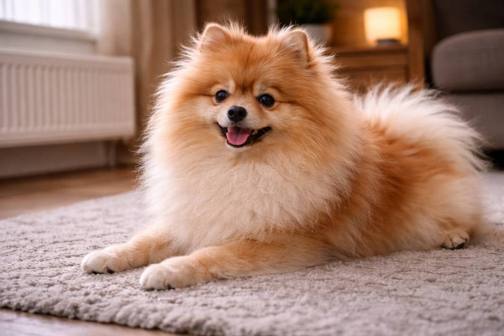 Ein Pomeranian, der entspannt im Wohnzimmer liegt.