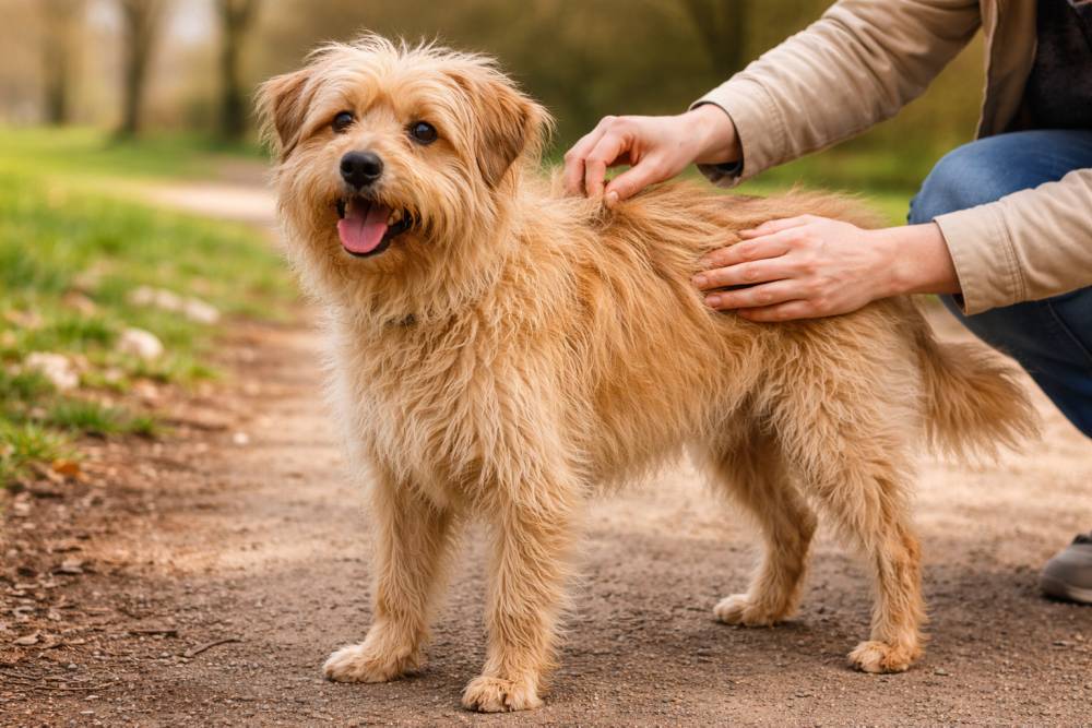 Hollandse Smoushond bei einer Fellkontrolle auf einem Parkweg im März