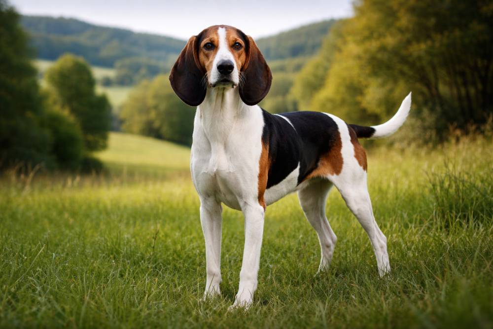 Mittelgroßer dreifarbiger Jagdhund steht aufmerksam auf einer Wiese in hügeliger Landschaft