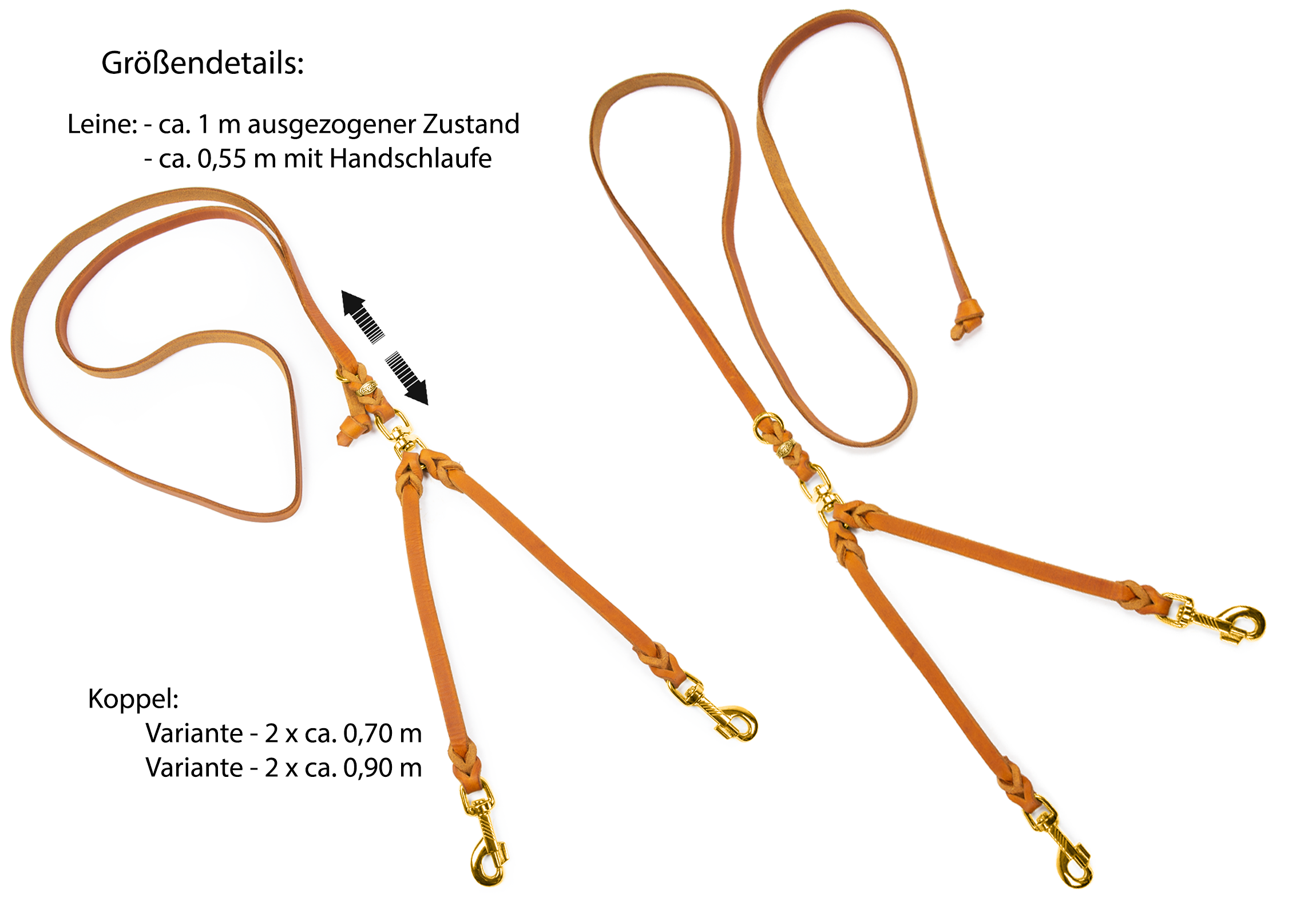 Lederleine Zwillingsleine Koppel Leine Schwarz Messing  55 cm + 2 x 90 cm x 15 mm