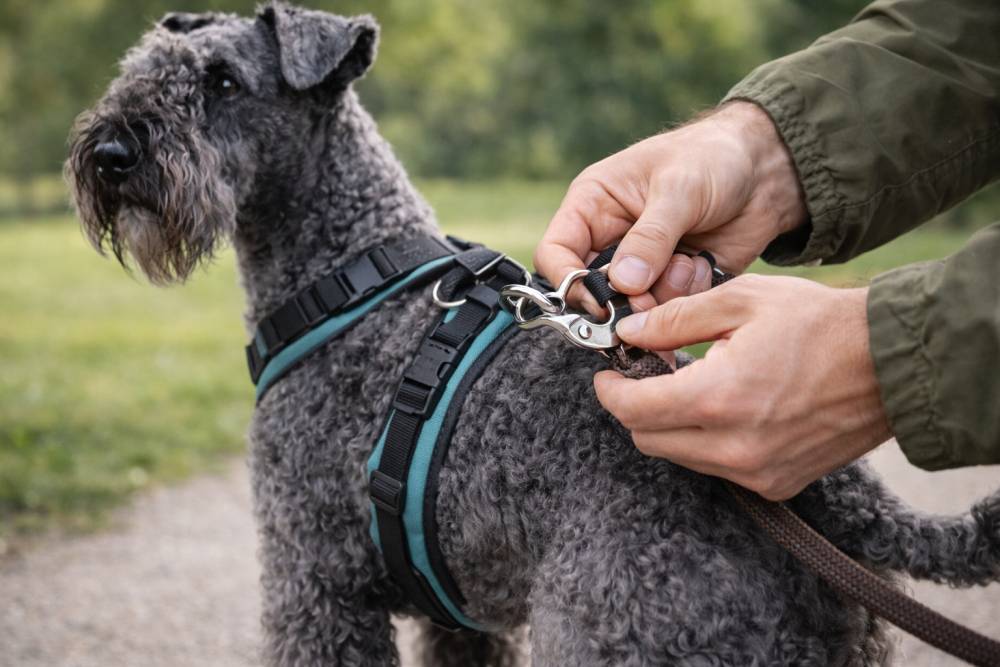 Hund mit Geschirr, während eine Person Karabiner und Verschlüsse der Leine überprüft