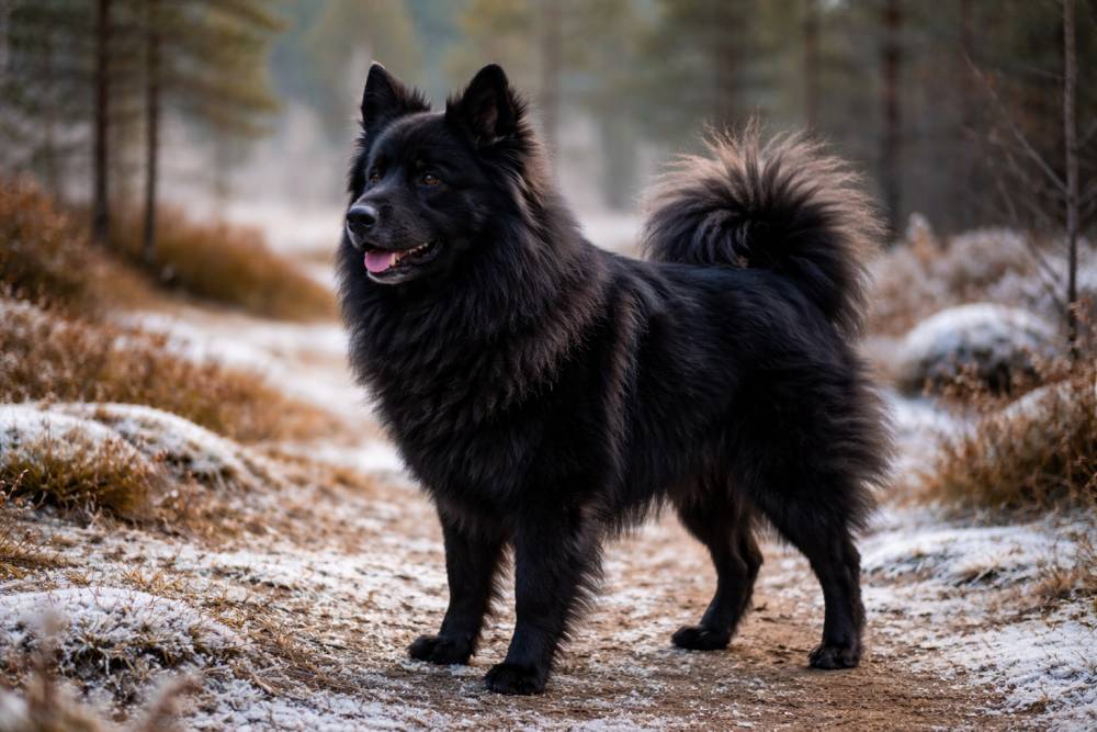 Schwarzer, mittelgroßer Spitzhund mit dichtem Fell steht aufmerksam in einer nordischen Landschaft