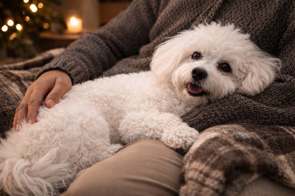 Ein Bologneser, der eng neben seinem Halter in einer warmen Winter-Wohnatmosphäre liegt.