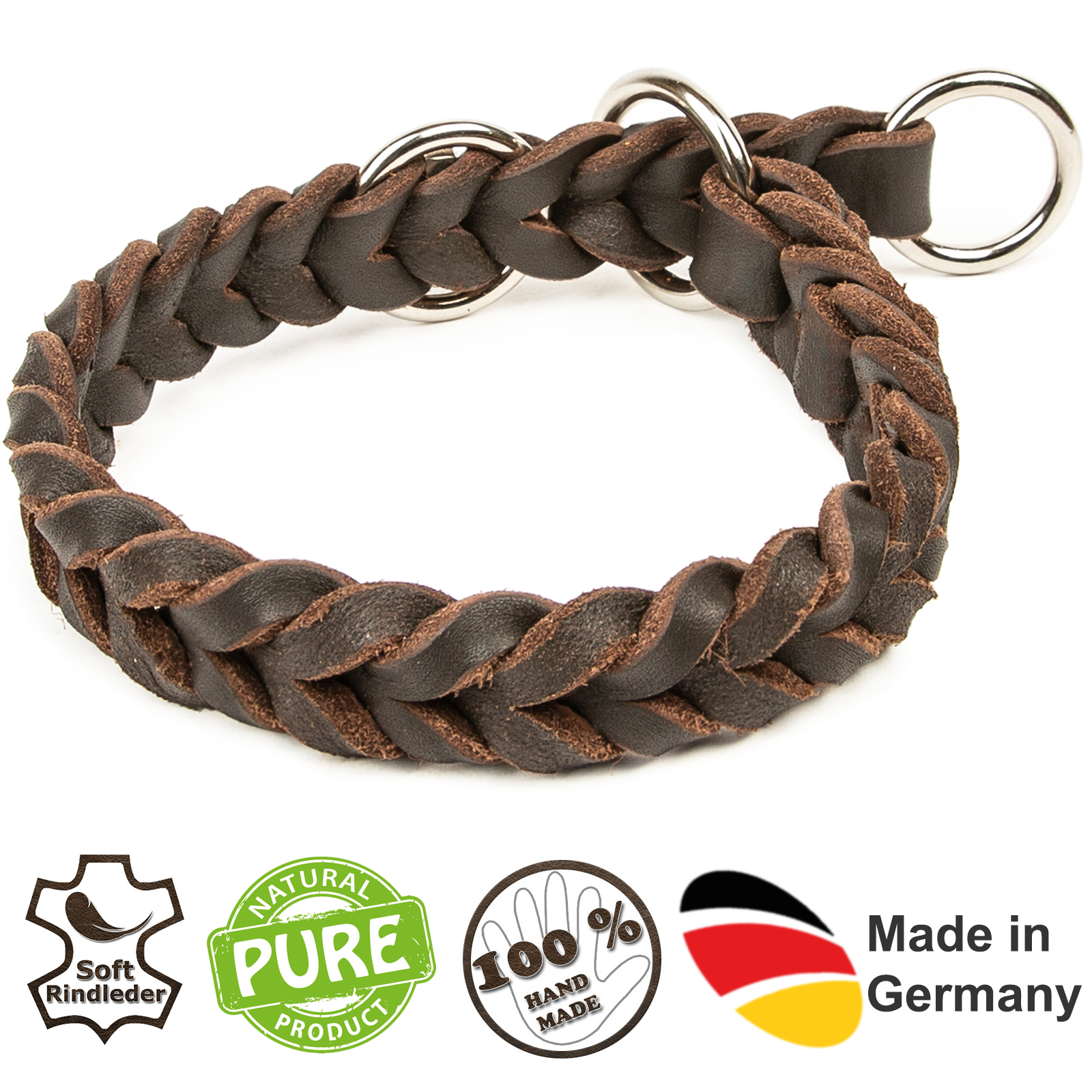 Fettlederhalsband mit Zugstopp Ring verchromt Braun 25 - 30 cm 15 mm