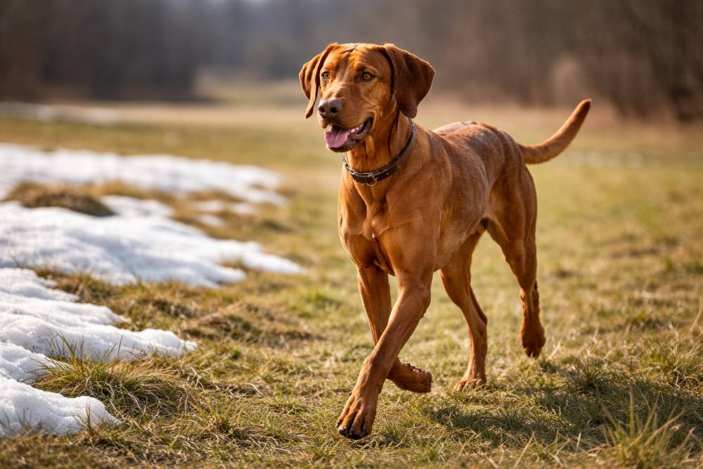 Ein kurzhaariger Magyar Vizsla läuft im frühen Frühlingslicht über eine Wiese, während Schneereste am Rand liegen und das Fell im Fellwechsel sichtbar ist.