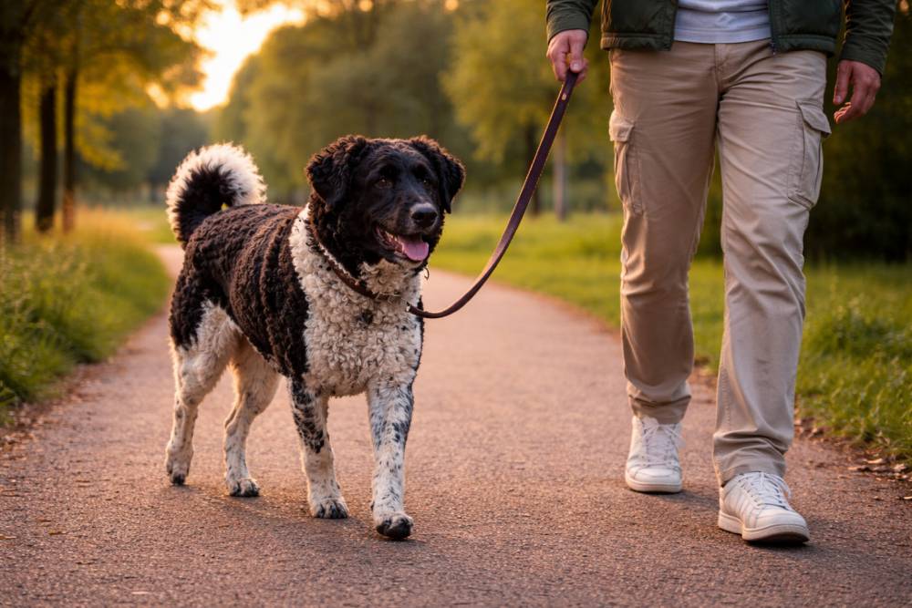 Wetterhoun bei einem ruhigen Abendspaziergang auf einem parkähnlichen Weg im weichen Tageslicht