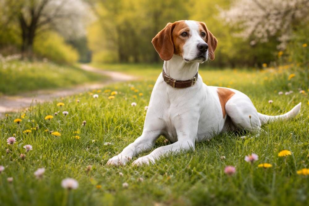 Hund macht auf einer Frühlingswiese eine Pause nach einem reizreichen Spaziergang
