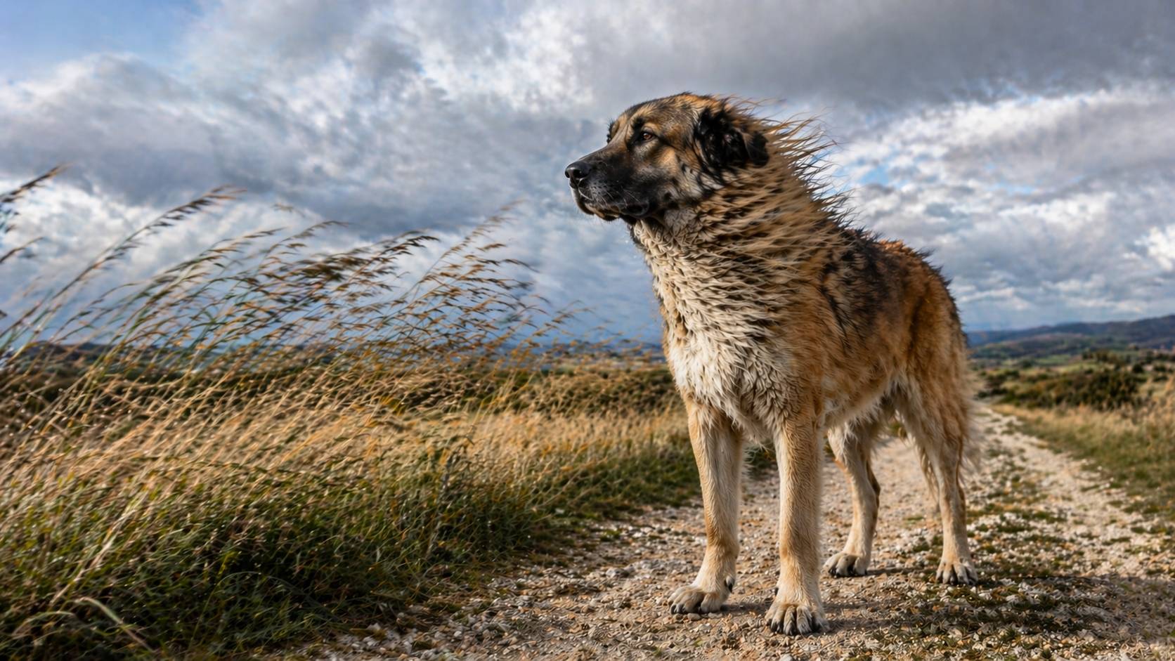 mittelgroßer rotbrauner Hund mit dunkler Maske steht aufmerksam auf einer alpinen Wiese vor Bergkulisse