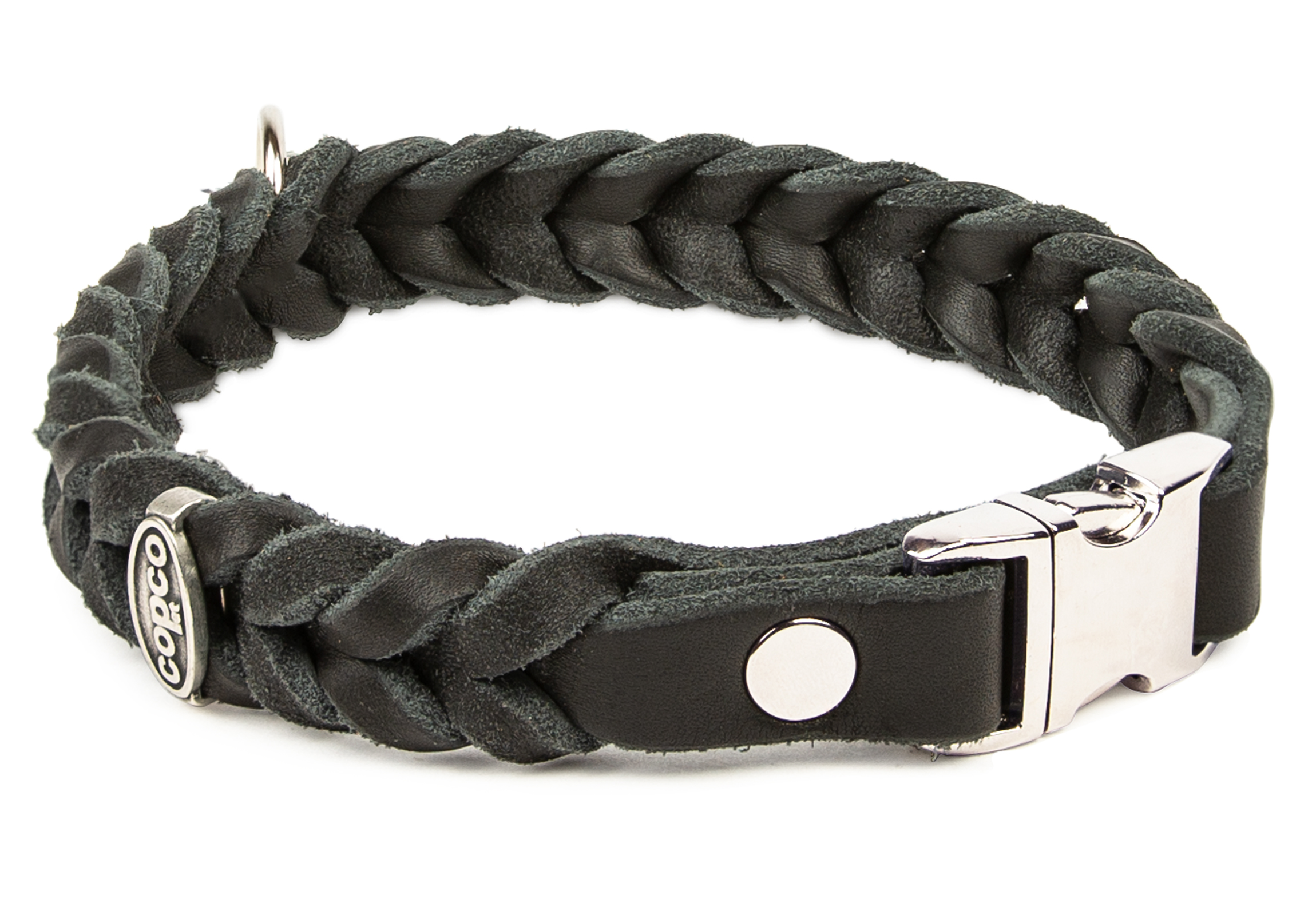 Fettleder Halsband geflochten mit silbernen Metall-Klick-Verschluß Schwarz 30 cm 15 mm