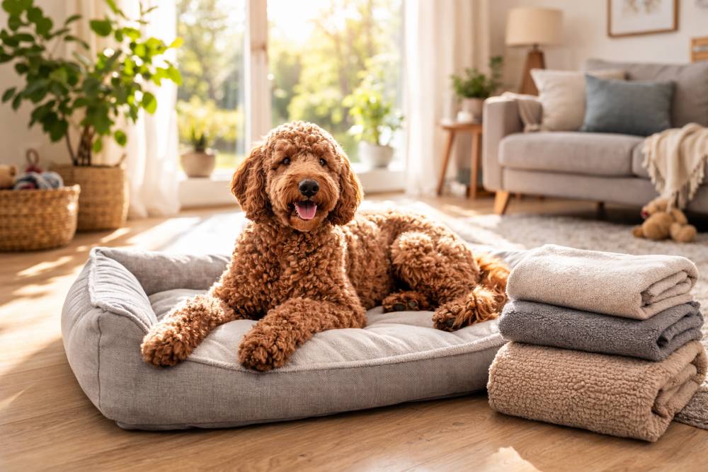 Labradoodle liegt entspannt auf frisch gewaschenem Hundebett im hellen Wohnzimmer neben ordentlich gefalteten Decken bei natürlichem Tageslicht