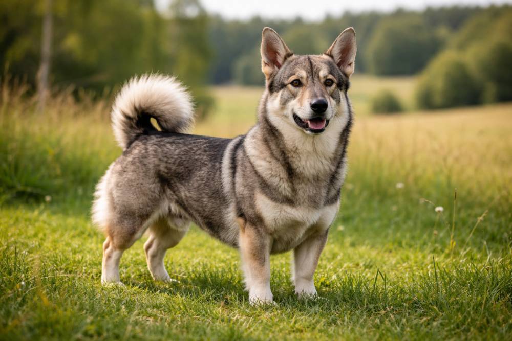 Grauer Västgötaspets steht aufmerksam auf einer Wiese mit aufgerichteten Ohren und buschiger Rute