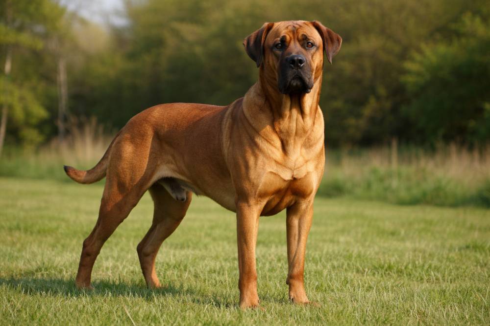 Großer kräftiger Hund mit kurzer brauner Fellfarbe steht aufmerksam auf einer Wiese