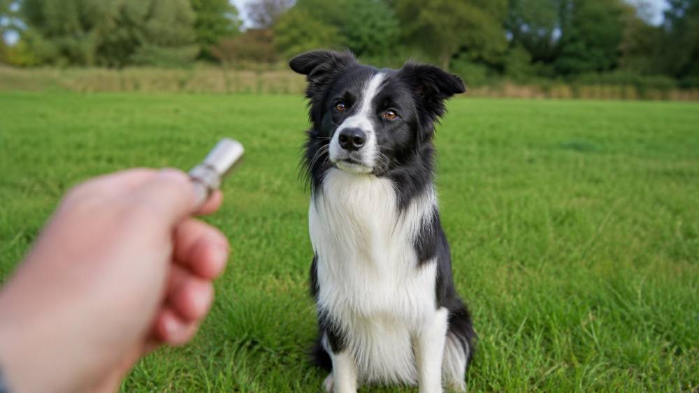 Hund sitzt auf einer Wiese und reagiert auf eine Pfeife, die von einer Hand gehalten wird